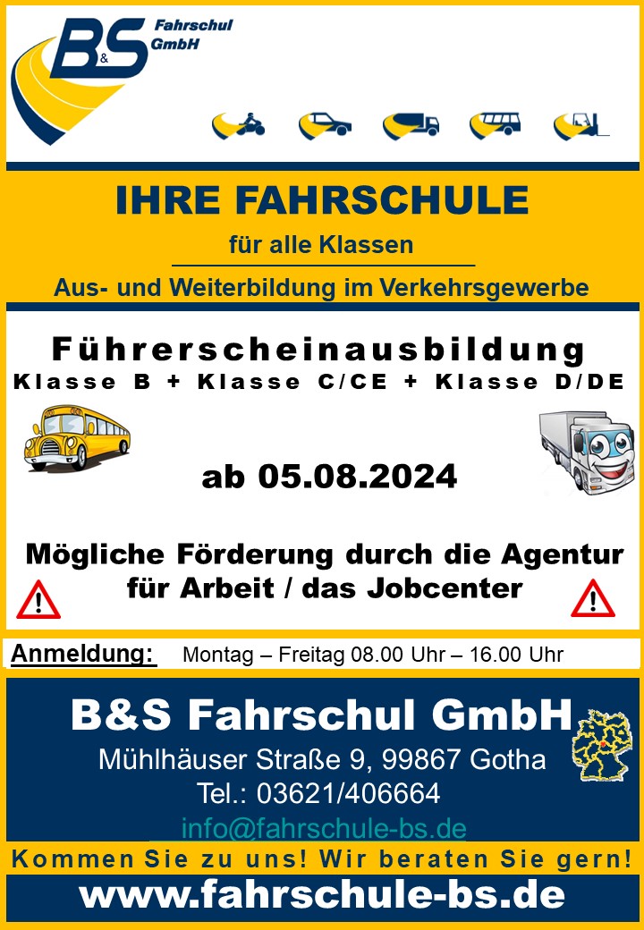 Führerscheinausbildung Klasse B + Klasse C-CE + Klasse D-DE in Gotha ab 05.08.2024